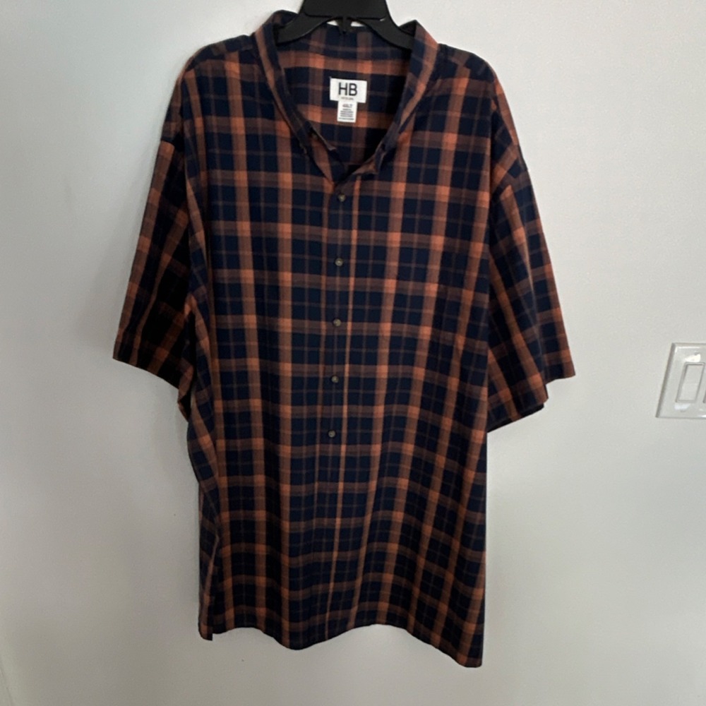 HB FIT by DXL Men's Plaid Navy Orange Cotton Polyester Button-Up Shirt 4XLT
